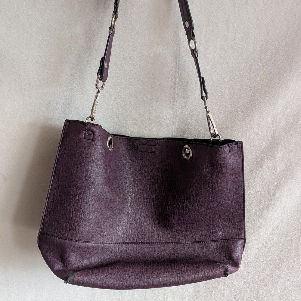 Calvin Klein Purple Faux Leather Shoulder Bag Plum Pebble Tote Silver Hardware